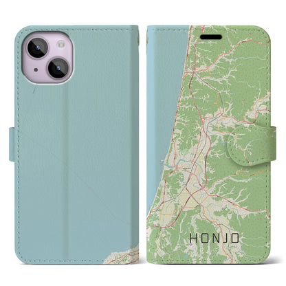 【本荘（秋田県）】地図柄iPhoneケース（手帳タイプ）ナチュラル・iPhone 14 用