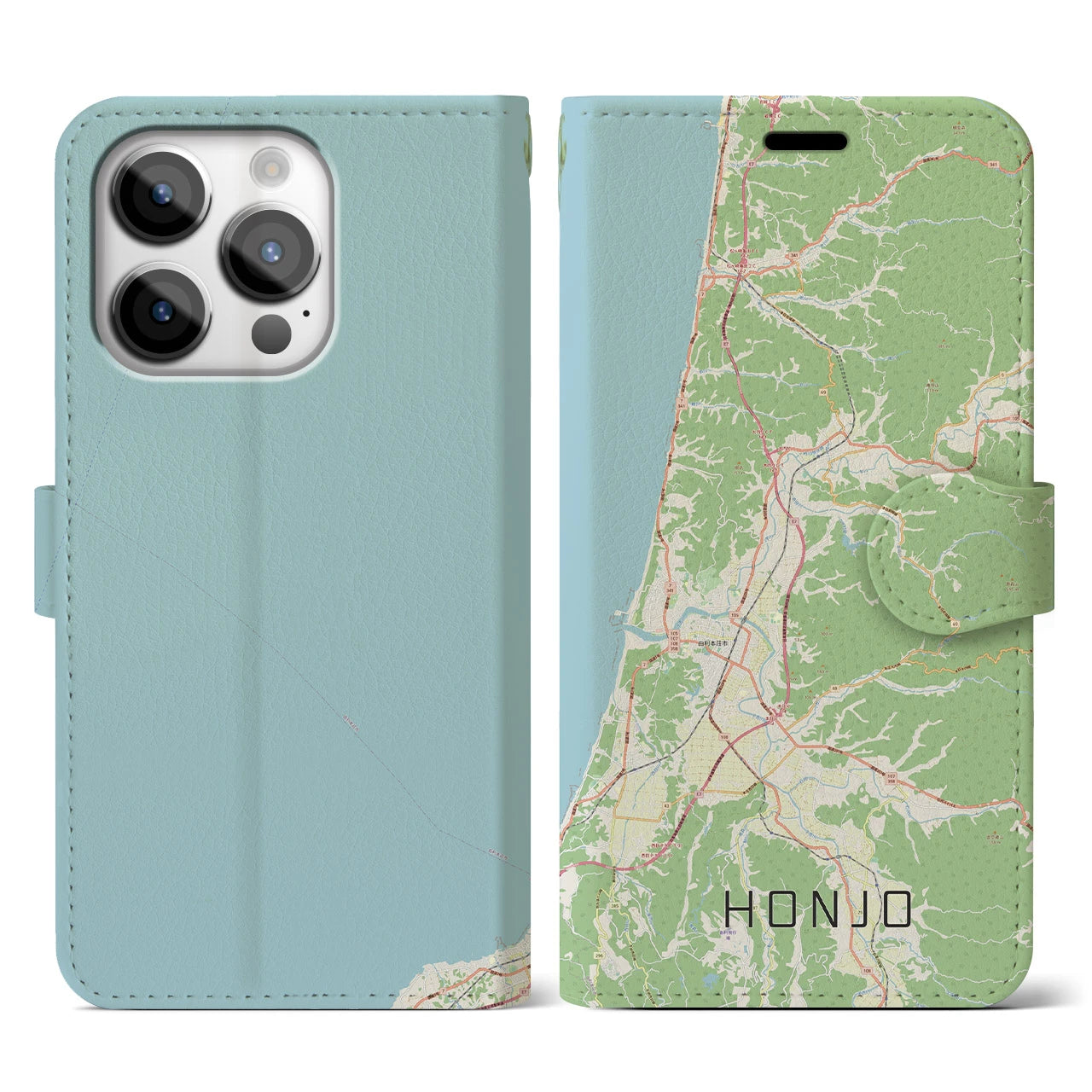 【本荘（秋田県）】地図柄iPhoneケース（手帳タイプ）ナチュラル・iPhone 14 Pro 用