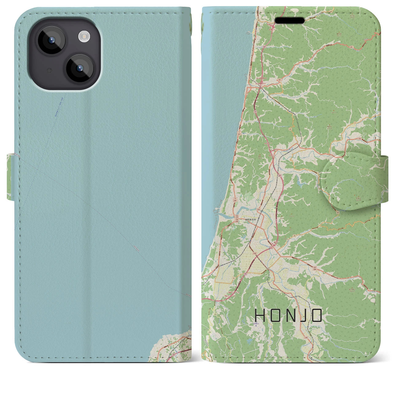 【本荘（秋田県）】地図柄iPhoneケース（手帳タイプ）ナチュラル・iPhone 14 Plus 用