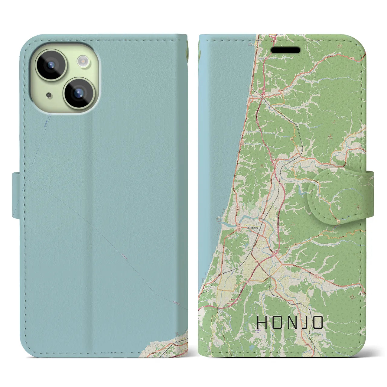 【本荘（秋田県）】地図柄iPhoneケース（手帳タイプ）ナチュラル・iPhone 15 用