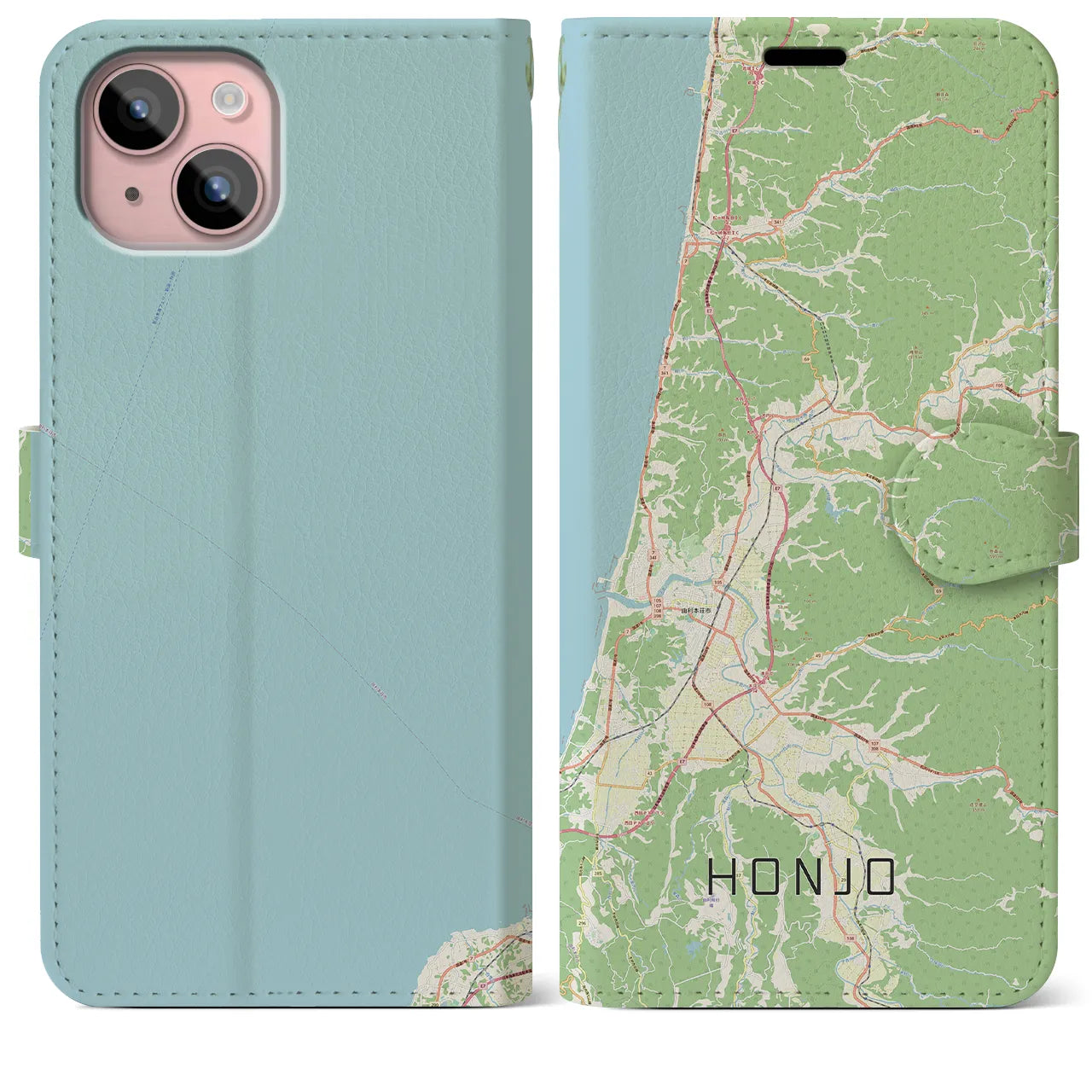 【本荘（秋田県）】地図柄iPhoneケース（手帳タイプ）ナチュラル・iPhone 15 Plus 用