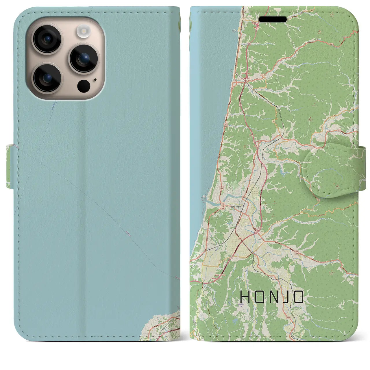 【本荘（秋田県）】地図柄iPhoneケース（手帳タイプ）ナチュラル・iPhone 16 Plus 用