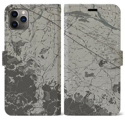 【本庄（埼玉県）】地図柄iPhoneケース（手帳タイプ）モノトーン・iPhone 11 Pro Max 用