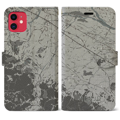 【本庄（埼玉県）】地図柄iPhoneケース（手帳タイプ）モノトーン・iPhone 11 用