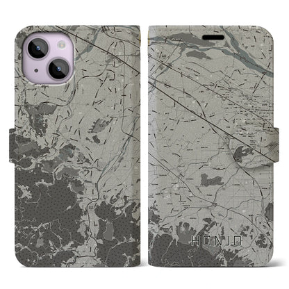 【本庄（埼玉県）】地図柄iPhoneケース（手帳タイプ）モノトーン・iPhone 14 用