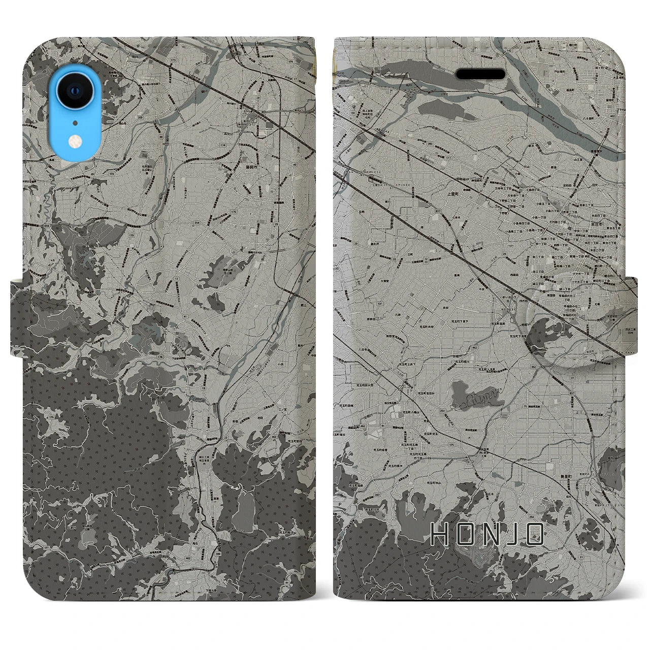 【本庄】地図柄iPhoneケース（手帳両面タイプ・モノトーン）iPhone XR 用