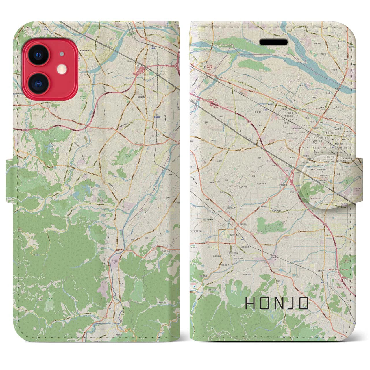 【本庄（埼玉県）】地図柄iPhoneケース（手帳タイプ）ナチュラル・iPhone 11 用