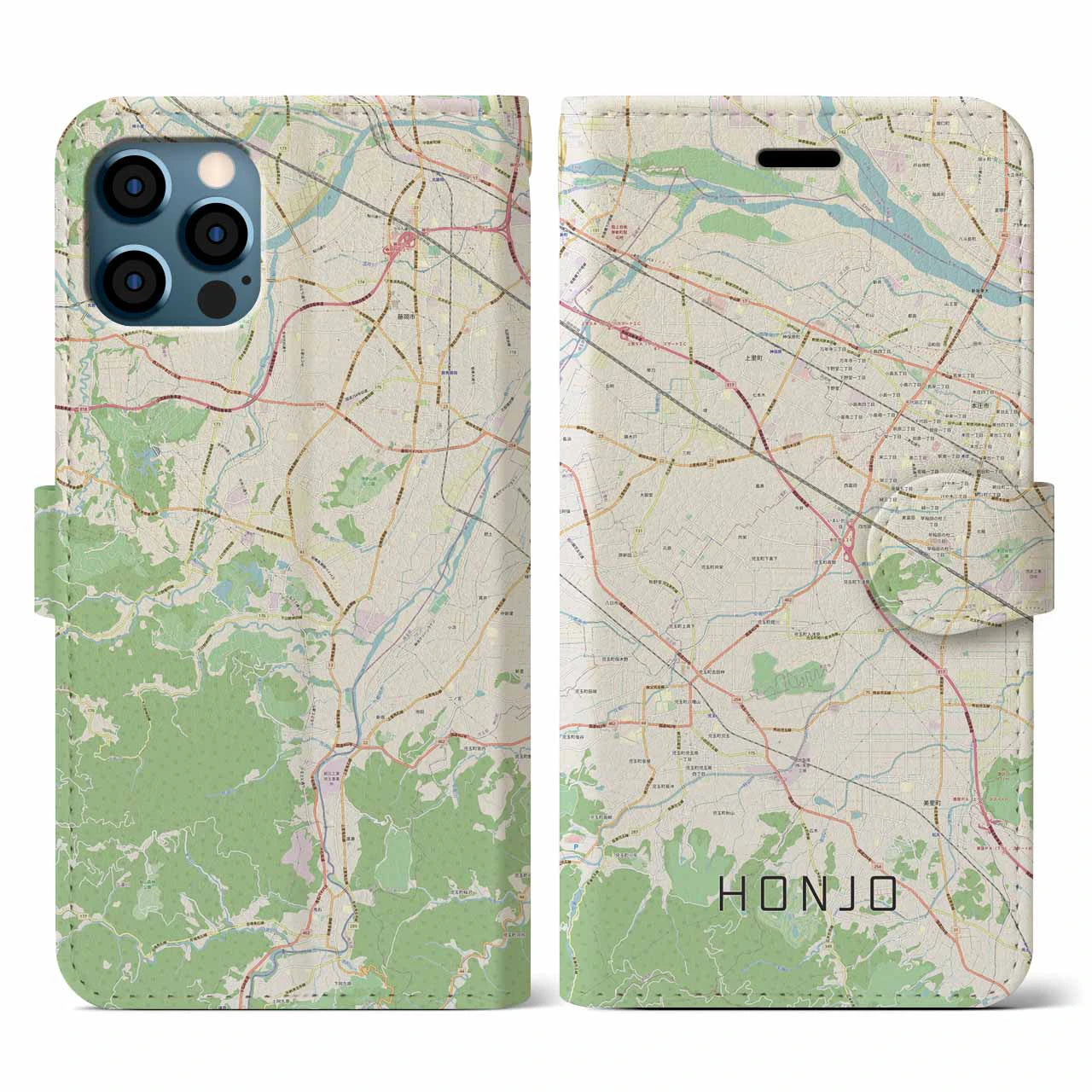 【本庄（埼玉県）】地図柄iPhoneケース（手帳タイプ）ナチュラル・iPhone 12 / 12 Pro 用