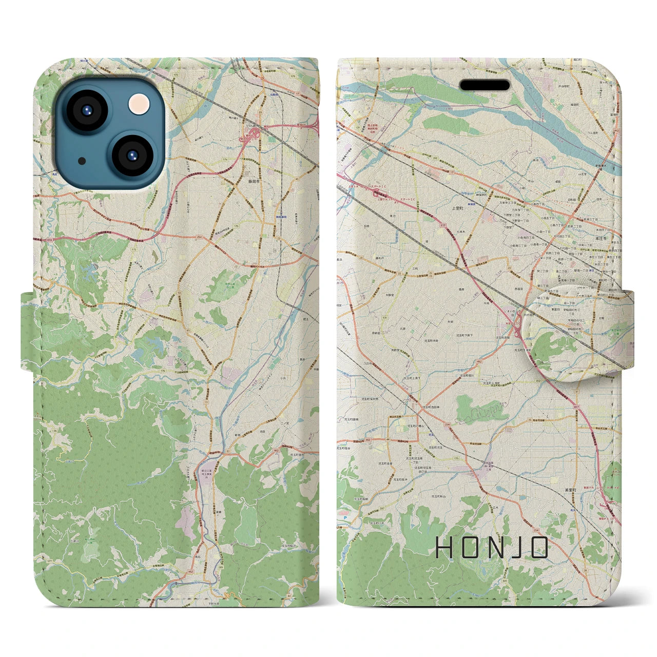 【本庄（埼玉県）】地図柄iPhoneケース（手帳タイプ）ナチュラル・iPhone 13 用