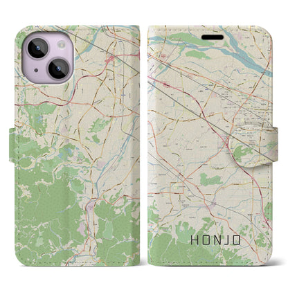 【本庄（埼玉県）】地図柄iPhoneケース（手帳タイプ）ナチュラル・iPhone 14 用