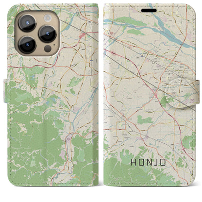 【本庄（埼玉県）】地図柄iPhoneケース（手帳タイプ）ナチュラル・iPhone 14 Pro Max 用