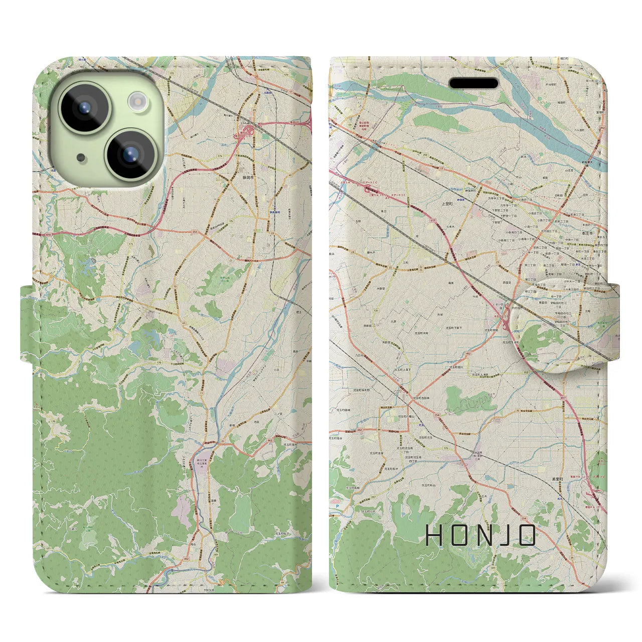 【本庄（埼玉県）】地図柄iPhoneケース（手帳タイプ）ナチュラル・iPhone 15 用