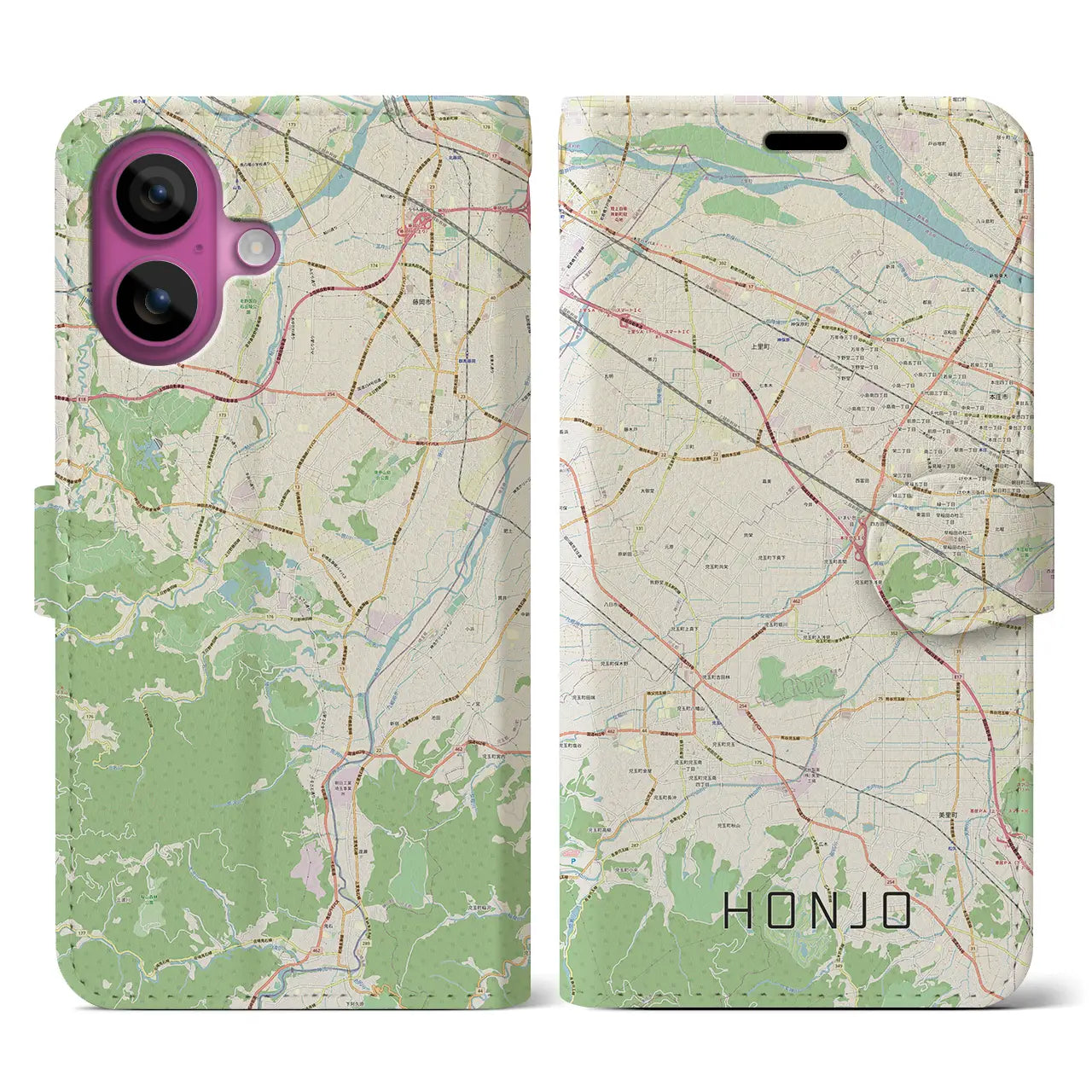 【本庄（埼玉県）】地図柄iPhoneケース（手帳タイプ）ナチュラル・iPhone 16 Pro 用