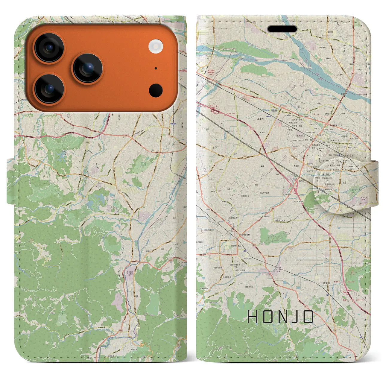 【本庄(埼玉県)】地図柄iPhoneケース(手帳タイプ)モノトーン・iPhone 17 Pro Max 用