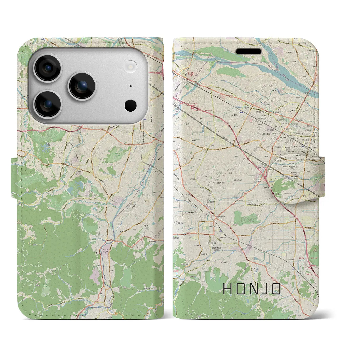 【本庄(埼玉県)】地図柄iPhoneケース(手帳タイプ)ナチュラル・iPhone 17 Pro Max 用