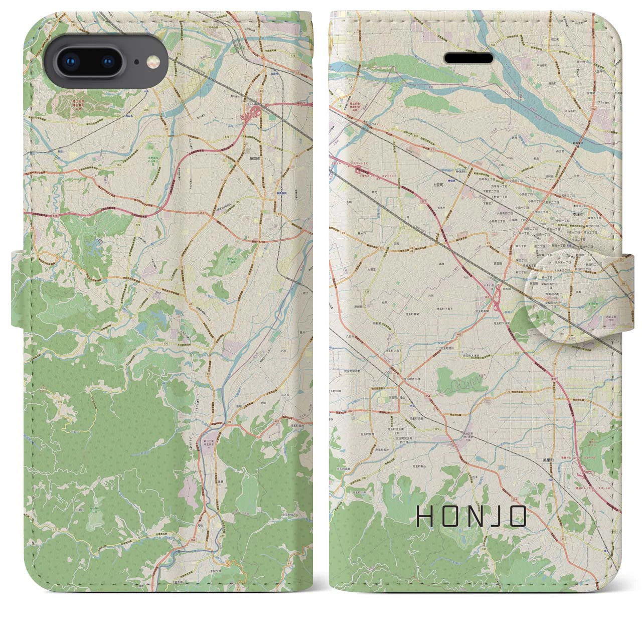 【本庄（埼玉県）】地図柄iPhoneケース（手帳タイプ）ナチュラル・iPhone 8Plus /7Plus / 6sPlus / 6Plus 用