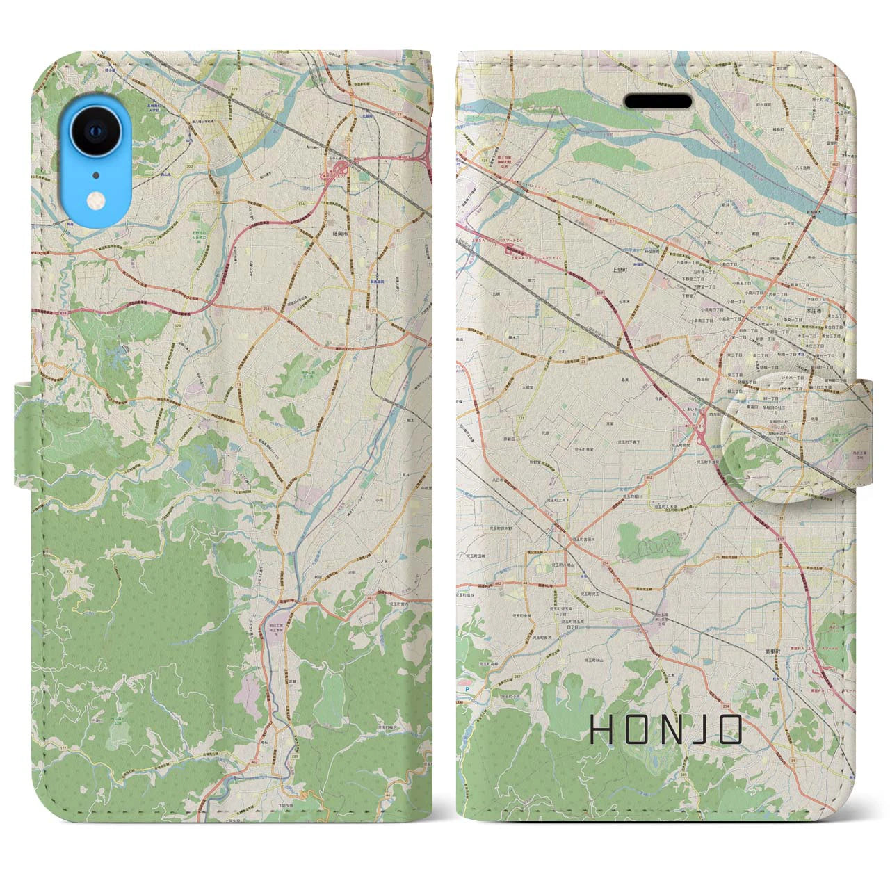 【本庄（埼玉県）】地図柄iPhoneケース（手帳タイプ）ナチュラル・iPhone XR 用