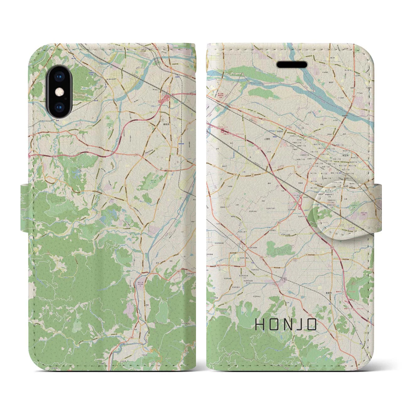 【本庄（埼玉県）】地図柄iPhoneケース（手帳タイプ）ナチュラル・iPhone XS / X 用