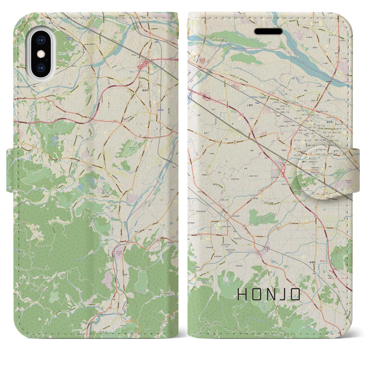 【本庄（埼玉県）】地図柄iPhoneケース（手帳タイプ）ナチュラル・iPhone XS Max 用