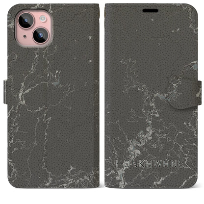 【本川根（静岡県）】地図柄iPhoneケース（手帳タイプ）モノトーン・iPhone 15 Plus 用