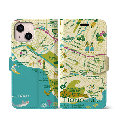 【ホノルル（イラスト）】イラストマップiPhoneケース（手帳タイプ）ブライト・iPhone 13 mini 用