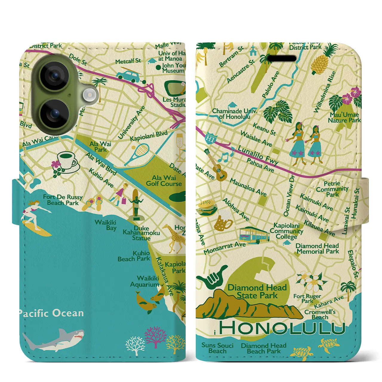 【ホノルル】イラストマップiPhoneケース（手帳タイプ）