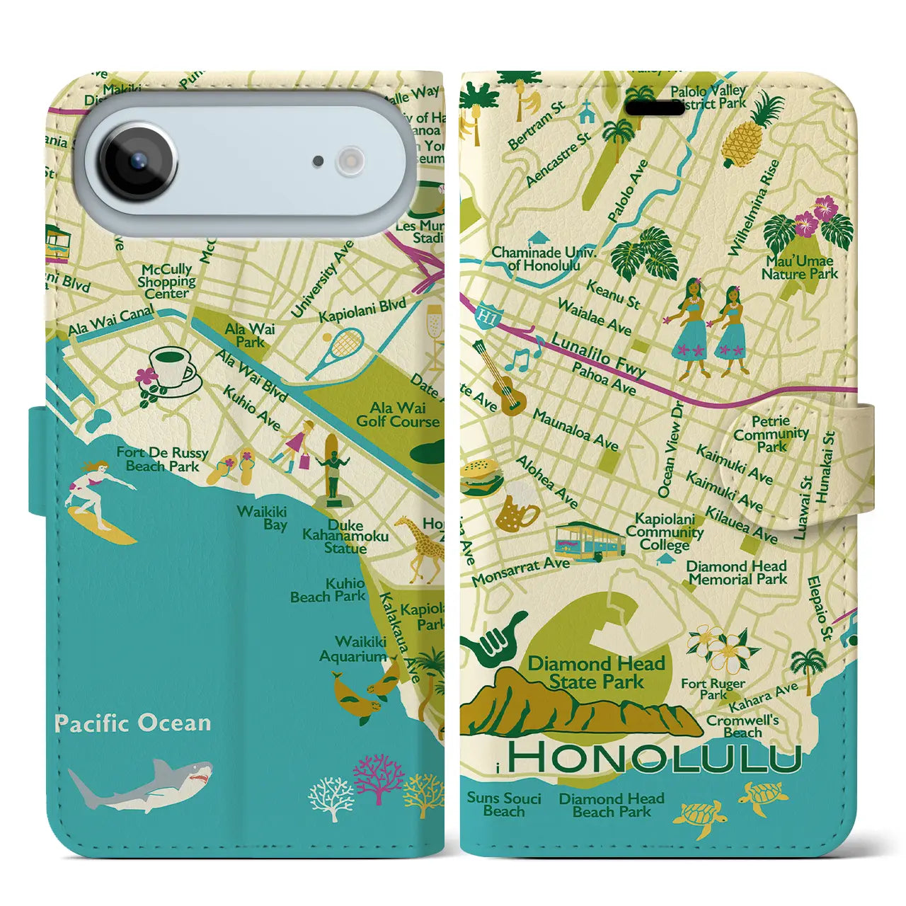 【ホノルル】イラストマップiPhoneケース（手帳タイプ）