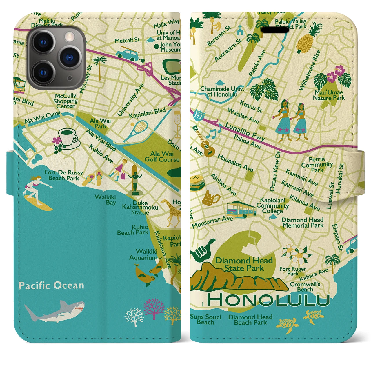【ホノルル】イラストマップiPhoneケース（手帳タイプ）