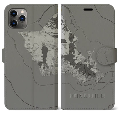 【ホノルル2（アメリカ）】地図柄iPhoneケース（手帳タイプ）モノトーン・iPhone 11 Pro Max 用