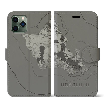 【ホノルル2（アメリカ）】地図柄iPhoneケース（手帳タイプ）モノトーン・iPhone 11 Pro 用