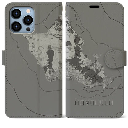 【ホノルル2（アメリカ）】地図柄iPhoneケース（手帳タイプ）モノトーン・iPhone 13 Pro Max 用