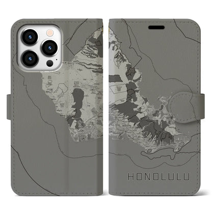 【ホノルル2（アメリカ）】地図柄iPhoneケース（手帳タイプ）モノトーン・iPhone 13 Pro 用