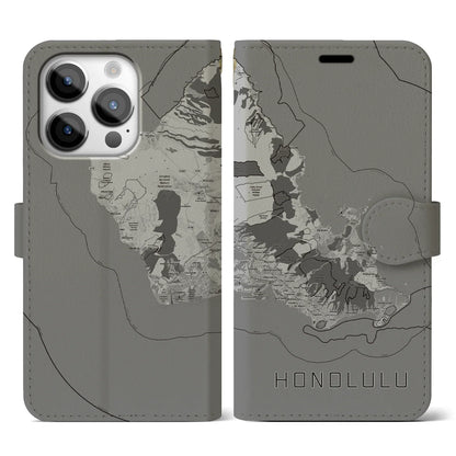 【ホノルル2（アメリカ）】地図柄iPhoneケース（手帳タイプ）モノトーン・iPhone 14 Pro 用