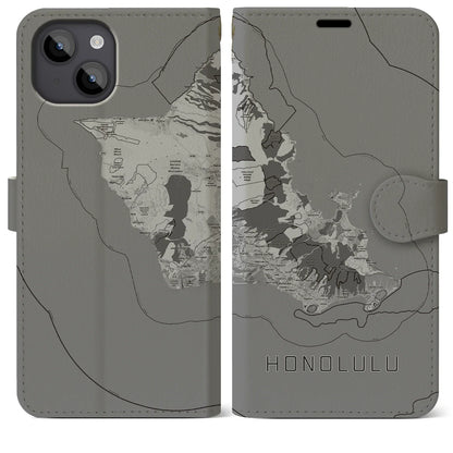 【ホノルル2（アメリカ）】地図柄iPhoneケース（手帳タイプ）モノトーン・iPhone 14 Plus 用