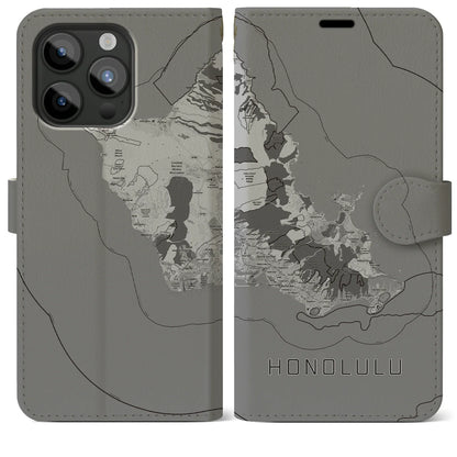 【ホノルル2（アメリカ）】地図柄iPhoneケース（手帳タイプ）モノトーン・iPhone 15 Pro Max 用