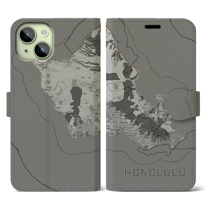 【ホノルル2（アメリカ）】地図柄iPhoneケース（手帳タイプ）モノトーン・iPhone 15 用