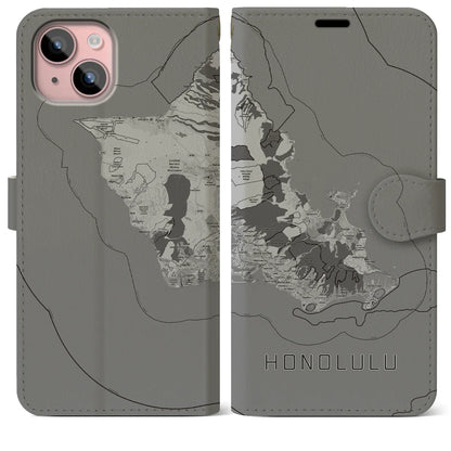 【ホノルル2（アメリカ）】地図柄iPhoneケース（手帳タイプ）モノトーン・iPhone 15 Plus 用