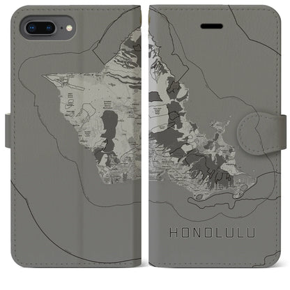 【ホノルル2（アメリカ）】地図柄iPhoneケース（手帳タイプ）モノトーン・iPhone 8Plus /7Plus / 6sPlus / 6Plus 用