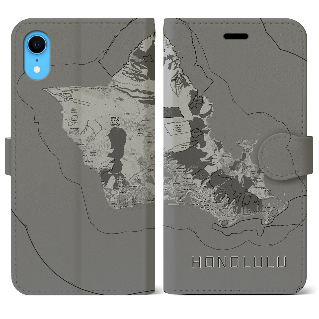 【ホノルル2】地図柄iPhoneケース（手帳両面タイプ・モノトーン）iPhone XR 用