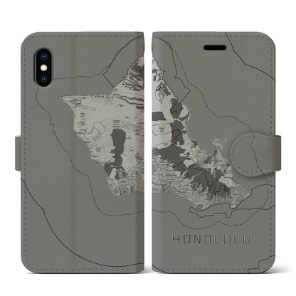 【ホノルル2（アメリカ）】地図柄iPhoneケース（手帳タイプ）モノトーン・iPhone XS / X 用