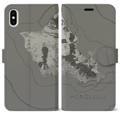 【ホノルル2（アメリカ）】地図柄iPhoneケース（手帳タイプ）モノトーン・iPhone XS Max 用