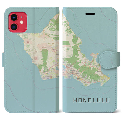 【ホノルル2（アメリカ）】地図柄iPhoneケース（手帳タイプ）ナチュラル・iPhone 11 用
