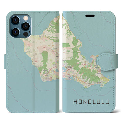 【ホノルル2（アメリカ）】地図柄iPhoneケース（手帳タイプ）ナチュラル・iPhone 12 / 12 Pro 用