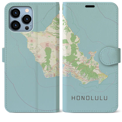 【ホノルル2（アメリカ）】地図柄iPhoneケース（手帳タイプ）ナチュラル・iPhone 13 Pro Max 用