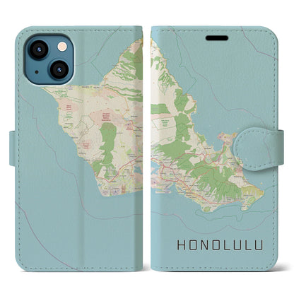 【ホノルル2（アメリカ）】地図柄iPhoneケース（手帳タイプ）ナチュラル・iPhone 13 用