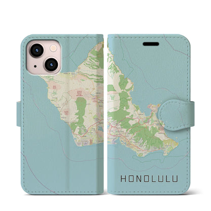 【ホノルル2（アメリカ）】地図柄iPhoneケース（手帳タイプ）ナチュラル・iPhone 13 mini 用