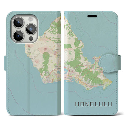 【ホノルル2（アメリカ）】地図柄iPhoneケース（手帳タイプ）ナチュラル・iPhone 15 Pro 用