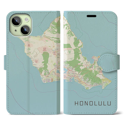 【ホノルル2（アメリカ）】地図柄iPhoneケース（手帳タイプ）ナチュラル・iPhone 15 用