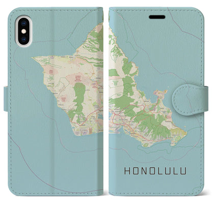 【ホノルル2（アメリカ）】地図柄iPhoneケース（手帳タイプ）ナチュラル・iPhone XS Max 用