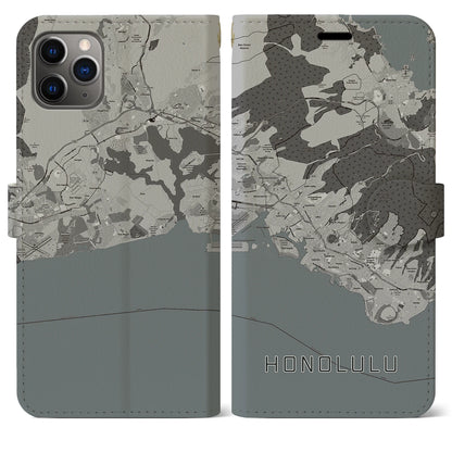 【ホノルル（アメリカ）】地図柄iPhoneケース（手帳タイプ）モノトーン・iPhone 11 Pro Max 用